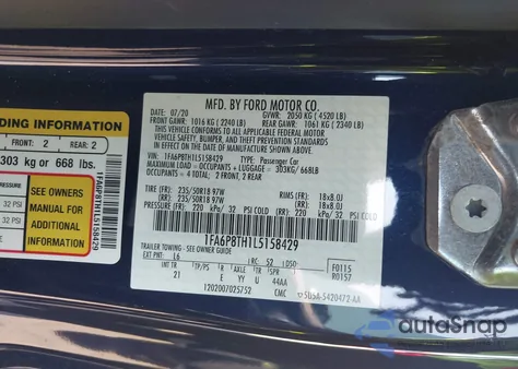 2020 Ford Mustang Ecoboost Fastback from USA, damaged, VIN 1FA6P8TH1L5158429